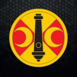 May include: A yellow circle with a black cannon and two red crescent moons on a black background.