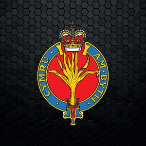 May include: A blue and yellow circular emblem with a red center. The center features a stylized yellow tree with a crown above it. The text "CYMRU AM BYLTH" is written around the circle.