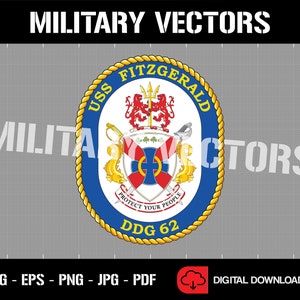 May include: A blue and gold circular emblem with the text "USS FITZGERALD" and "DDG 62". The emblem features a shield with a red cross and a white circle, surrounded by two lions and a bird. The text "PROTECT YOUR PEOPLE" is written below the shield.
