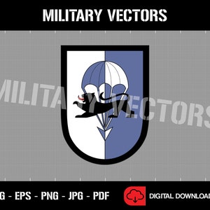 May include: A blue and white military patch with a black lion and a parachute. The patch is in the shape of a shield.