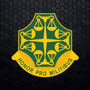 May include: A green and yellow military unit insignia with a cross and scales of justice. The text "HONOR PRO MILITIBUS" is on a yellow scroll.