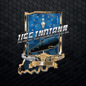 Può includere: Un emblema dorato e blu con il testo "USS INDIANA" e "SILENT VICTORS" su uno sfondo nero. L'emblema presenta un sottomarino, una torcia e stelle.