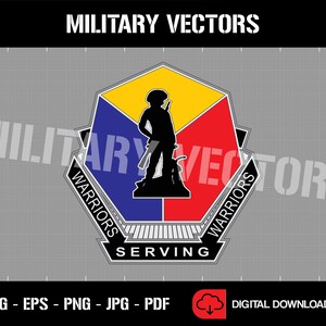 May include: A hexagonal military patch featuring a silhouette of a soldier holding a rifle. The patch is divided into four sections, each with a different colour: yellow, red, blue, and white. The text "WARRIORS SERVING WARRIORS" is written around the edge of the patch.