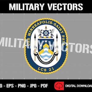 May include: A blue and gold circular seal with the text "USS MINNEAPOLIS-SAINT PAUL" and "LCS 21". The seal features a crest with a ship's wheel, two birds, and a spear.