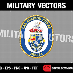 May include: A blue and gold circular emblem with a rope border. The emblem features a crest with a knight on a horse, a shield with a yellow and blue design, and the text "USS ARLEIGH BURKE FAST AND FEARED DDG 51".
