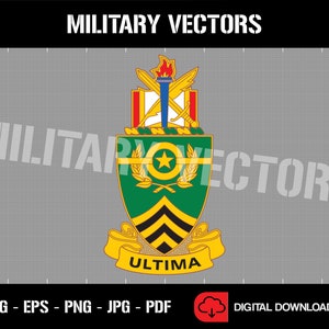 May include: A green and gold military unit crest with a star, crossed swords, and a torch. The crest is surrounded by a wreath of green leaves and a yellow scroll with the word "ULTIMA" on it.