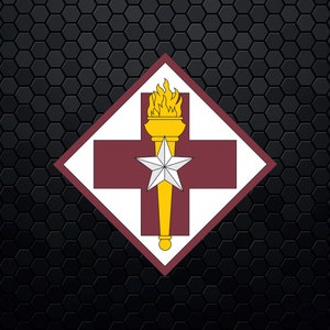 May include: A white diamond-shaped patch with a red cross and a gold torch with a flame. A white five-pointed star is centered on the torch.