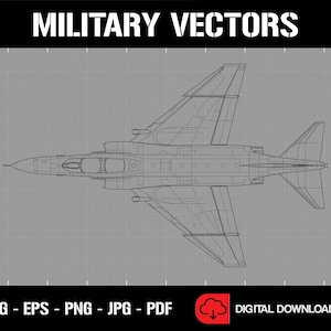Puede incluir: Un dibujo en blanco y negro de un avión de combate militar, el F-4 Phantom, sobre un fondo de cuadrícula gris. La imagen está etiquetada como "MILITARY VECTORS" en la parte superior y "SVG - EPS - PNG - JPG - PDF" en la parte inferior.