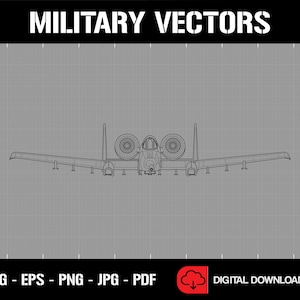 Puede incluir: Un dibujo en blanco y negro de un avión A-10 Thunderbolt II, también conocido como Warthog, sobre un fondo de cuadrícula gris. La imagen está etiquetada como "MILITARY VECTORS" en la parte superior y "SVG - EPS - PNG - JPG - PDF" en la parte inferior.