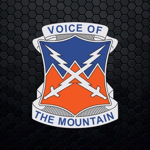 May include: A military emblem with a blue and orange shield, featuring crossed lightning bolts and swords. The text "VOICE OF THE MOUNTAIN" is displayed on a white banner. The background is a black honeycomb pattern.