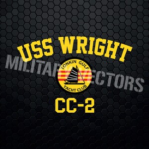 Puede incluir: Un logotipo amarillo y negro con el texto "USS WRIGHT" y "CC-2" sobre un fondo de panal negro. El logotipo también incluye un círculo amarillo con el texto "Tonkin Gulf Yacht Club" y una imagen estilizada de un barco.