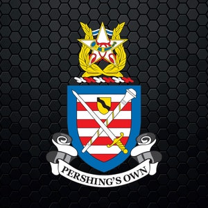 May include: A blue and red shield with a gold star and laurel wreath above it. The shield has a white stripe with a yellow stripe and two crossed swords. The text "PERSHING'S OWN" is below the shield.