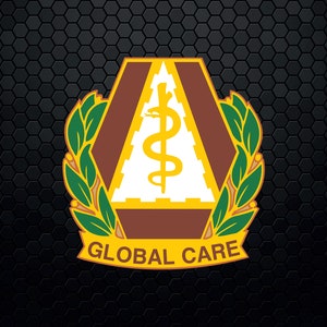 May include: A brown and gold logo with a white triangle and a caduceus symbol. The logo has green leaves on either side and the text "GLOBAL CARE" at the bottom.