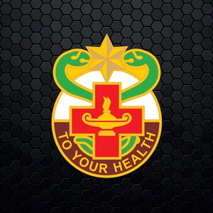 May include: A circular emblem featuring a red cross and a gold lamp at its centre, framed by a white and brown border. Two green snakes with gold detailing curve around a gold star. The text "TO YOUR HEALTH" is in a gold font.