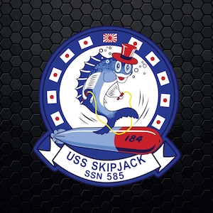 May include: A blue and white circular emblem with a cartoon fish wearing a red hat and riding a torpedo. The torpedo is red and white with the number 184 on it. The text "USS SKIPJACK SSN 585" is below the torpedo. The emblem is surrounded by a black honeycomb pattern.