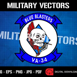 Puede incluir: Un logotipo de escuadrón militar azul y blanco con un diseño de calavera y huesos cruzados. El logotipo dice "Blue Blasters" y "VA-34".
