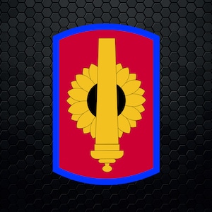 May include: A red and blue patch with a yellow cannon and sunflower design. The cannon is pointing upwards and the sunflower has a black center.