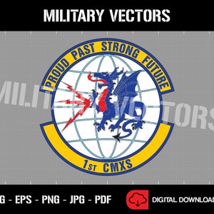 May include: A yellow and blue military patch with a dragon and a globe. The text on the patch reads "Proud Past Strong Future" and "1st CMXS".
