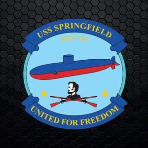 May include: A patch featuring a blue and red submarine with the text "USS SPRINGFIELD SSN 761". Below the submarine is a depiction of Abraham Lincoln and crossed rifles. The words "UNITED FOR FREEDOM" are also included.