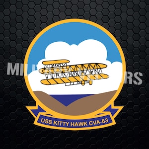 May include: A circular emblem featuring a yellow biplane against a blue sky with white clouds. The emblem has a blue and yellow border, with the text "USS KITTY HAWK CVA-63" on a yellow banner. The background is a dark, textured pattern.