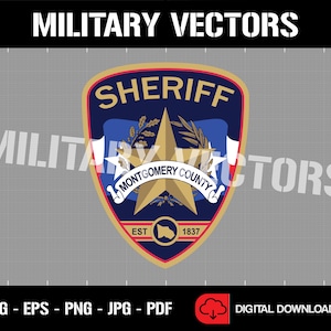 Puede incluir: Una placa de sheriff dorada y azul con una estrella y el texto "SHERIFF MONTGOMERY COUNTY EST 1837".