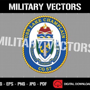 May include: A blue and gold circular emblem with a rope border. The emblem features a shield with a cannon, anchor, and a star. The text "USS LAKE CHAMPLAIN" is written around the top of the emblem. The text "INGENUITY DARING" is written around the left side of the emblem. The text "DISCIPLINE" is written around the right side of the emblem. The text "CG 57" is written at the bottom of the emblem.