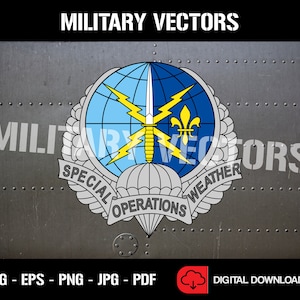 May include: A blue and yellow military emblem with a globe, lightning bolts, a dagger, and a fleur-de-lis. The text "Special Operations Weather" is written around the emblem.