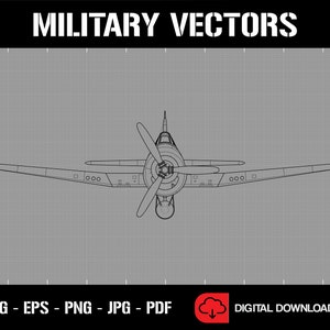May include: A black and white line drawing of a military airplane viewed from above. The airplane has a propeller and wings. The drawing is on a gray grid background. The text "MILITARY VECTORS" is at the top of the image. The text "SVG - EPS - PNG - JPG - PDF" is at the bottom of the image. The text "DIGITAL DOWNLOAD" is at the bottom right of the image.