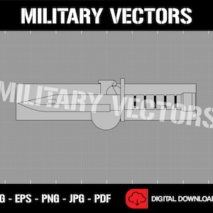 May include: A line drawing of a military knife with a sheath. The image is on a gray grid background with the text "MILITARY VECTORS" at the top and "SVG - EPS - PNG - JPG - PDF" at the bottom.