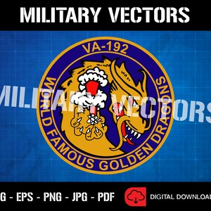 Puede incluir: Un emblema circular azul y dorado con el texto "VA-192 WORLD FAMOUS GOLDEN DRAGONS" y una ilustración de dragón estilizada.