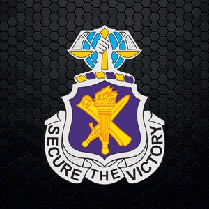 May include: A military emblem with a shield shape, featuring a torch, sword, and scales of justice. The emblem is primarily purple, gold, and white, with the words "SECURE THE VICTORY" on a banner. The background is a black honeycomb pattern.