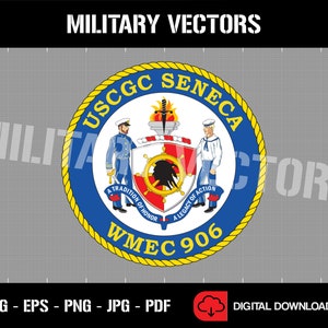 Może przedstawiać: Okrągły emblemat w kolorze niebieskim i żółtym z tekstem "USCGC SENECA WMEC 906" oraz słowami "A Tradition of Honor" i "A Legacy of Action".