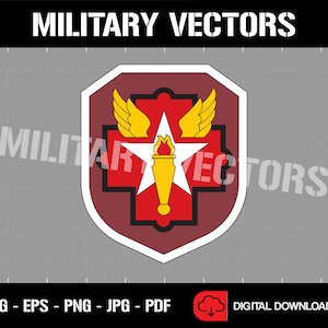 May include: A vector graphic featuring a military emblem with a red cross, white star, and a gold torch. The emblem is set against a maroon shield with gold wings. The words "MILITARY VECTORS" and file type options are displayed.