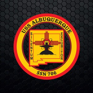 May include: A yellow and red circular emblem with the text "USS ALBUQUERQUE" and "SSN 706". The emblem features a stylized image of the state of New Mexico with the words "SILENTUM" and "EXCUBITOR" on either side.