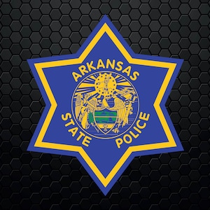 May include: A blue and gold six-pointed star with the words "Arkansas State Police" around the perimeter. The star has a smaller image of the Arkansas state seal in the center.
