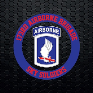 May include: A blue circle with the text "173rd Airborne Brigade" and "Sky Soldiers" in red. Inside the circle is a white emblem with a winged figure holding a knife, and the text "Airborne" in white.