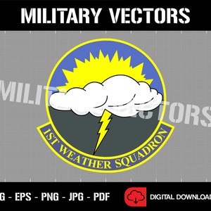 May include: A yellow and blue military squadron patch with a white cloud, a yellow sun, and a lightning bolt. The text "1ST WEATHER SQUADRON" is written in a yellow arc around the cloud.