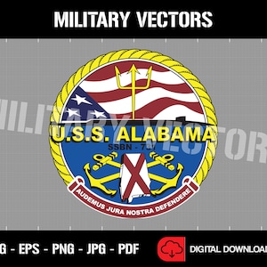 May include: A yellow circle with a rope border, containing a blue and red American flag, a trident, and the words "U.S.S. ALABAMA" and "SSBN - 731". The circle also contains two anchors and the words "AUDEMUS JURA NOSTRA DEFENDERE".