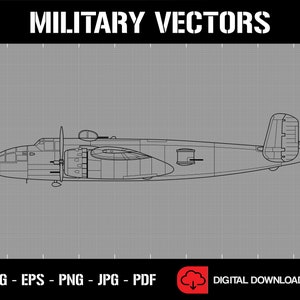 May include: A black and white line drawing of a military aircraft, a B-25 Mitchell bomber, on a gray grid background. The image is labeled "MILITARY VECTORS" at the top and "SVG - EPS - PNG - JPG - PDF" at the bottom.  The image also includes a cloud icon with the text "DIGITAL DOWNLOAD".