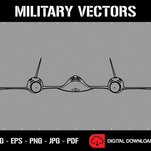 Puede incluir: Ilustración en blanco y negro de un avión militar, un jet supersónico, con el texto "MILITARY VECTORS" en la parte superior de la imagen y "SVG - EPS - PNG - JPG - PDF" en la parte inferior de la imagen.