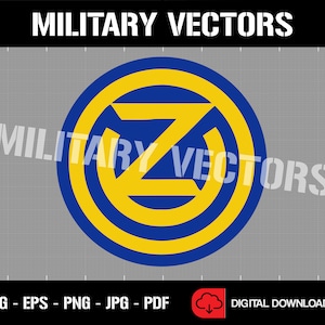 Peut inclure: Un cercle bleu et jaune avec une lettre Z stylisée à l'intérieur. Le cercle a une double bordure. Le texte "MILITARY VECTORS" est écrit en noir en haut de l'image.