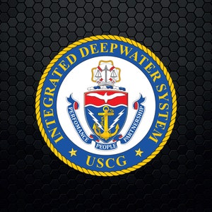 Puede incluir: Un sello azul y dorado con el texto "Integrated Deepwater System" alrededor del exterior. El sello presenta un escudo con un diseño rojo, blanco y azul, un ancla y rayos. El texto "USCG" está en la parte inferior del sello.