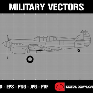 Può includere: Disegno a linea di un aereo militare vintage, un P-40 Warhawk, in vista di profilo. L'aereo è rappresentato in bianco e nero su uno sfondo a griglia grigia. Il testo "MILITARY VECTORS" appare nella parte superiore dell'immagine. Il testo "SVG - EPS - PNG - JPG - PDF" appare nella parte inferiore sinistra dell'immagine. Il testo "DIGITAL DOWNLOAD" appare nella parte inferiore destra dell'immagine.