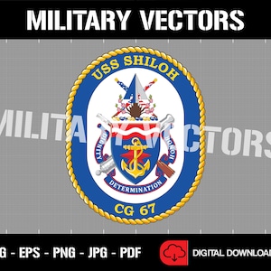May include: A blue and gold circular emblem with the text "USS SHILOH" and "CG 67". The emblem features a ship's wheel, an anchor, and a crest with a red, white, and blue shield.