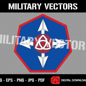 May include: A digital graphic with the text "MILITARY VECTORS" at the top. The graphic features a blue, red, and white emblem with arrows and a central design. The bottom of the graphic lists file formats: SVG, EPS, PNG, JPG, PDF, and "DIGITAL DOWNLOAD."