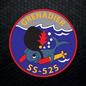 May include: A blue and red circle with the words "GRENADIER SS-525" in yellow. A cartoon fish with a red and yellow hat is holding a red torpedo.