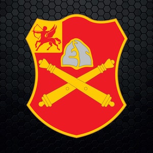 May include: A red shield with a yellow border and a yellow winged horse with a rider holding a bow and arrow. The shield also features two crossed cannons with yellow barrels and grey muzzles.