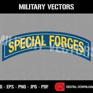 以下が含まれることがあります： 青いアーチ型のワッペンに、黄色い文字で「SPECIAL FORCES」と書かれています。
