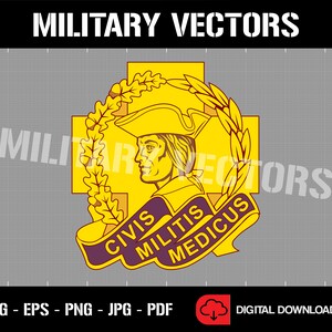 May include: A yellow and purple military medical insignia with a laurel wreath, a cross, and a man's profile wearing a tricorn hat. The text "Civis Miltitis Medicus" is on a purple ribbon.