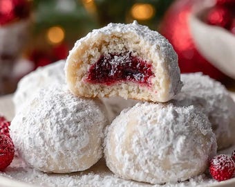 Raspberry-Filled Almond Snowball Cookies Recipe PDF | Holiday Baking | Almond Cookie with Jam Filling | Digital Download